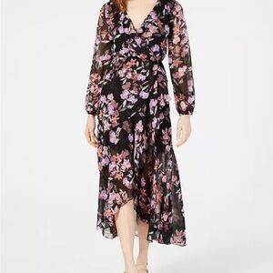 Bar III Black Floral Long Sleeve Dress